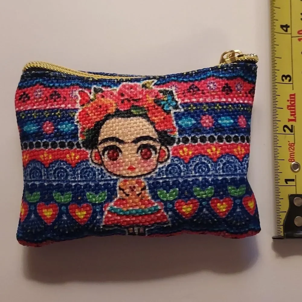 Frida Kahlo Coin Purse Makeup Bag Multi Color Zippered Blue PInk Mexico …